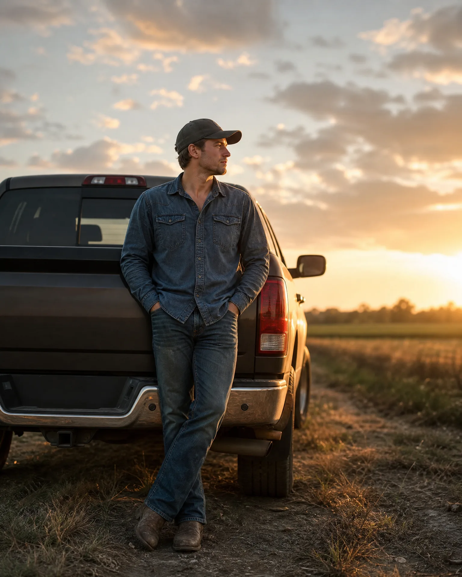A man in a cap, denim shirt, jeans and boots leans against the rear of a pickup truck in a grassy field at sunset.