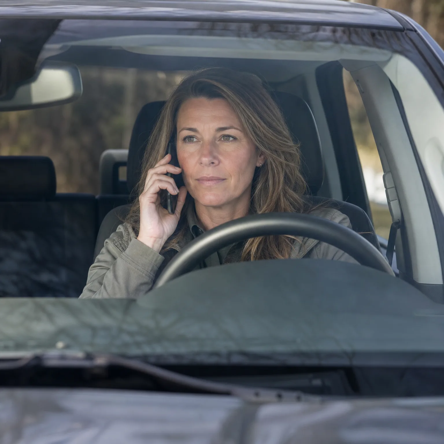 A woman with long brown hair sits in the driver's seat of a vehicle, holding a phone to her ear and looking out through the windshield.
