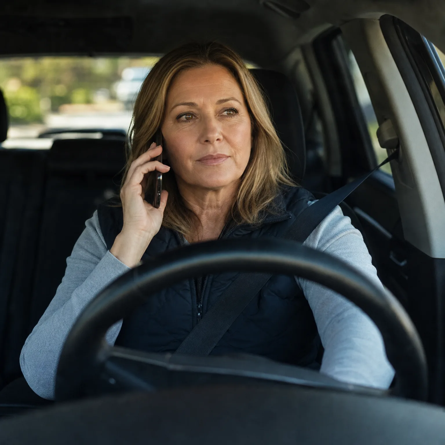 A woman wearing a gray top and dark quilted vest sits in a car's driver seat with a seatbelt on, holding a phone to her ear behind the steering wheel.