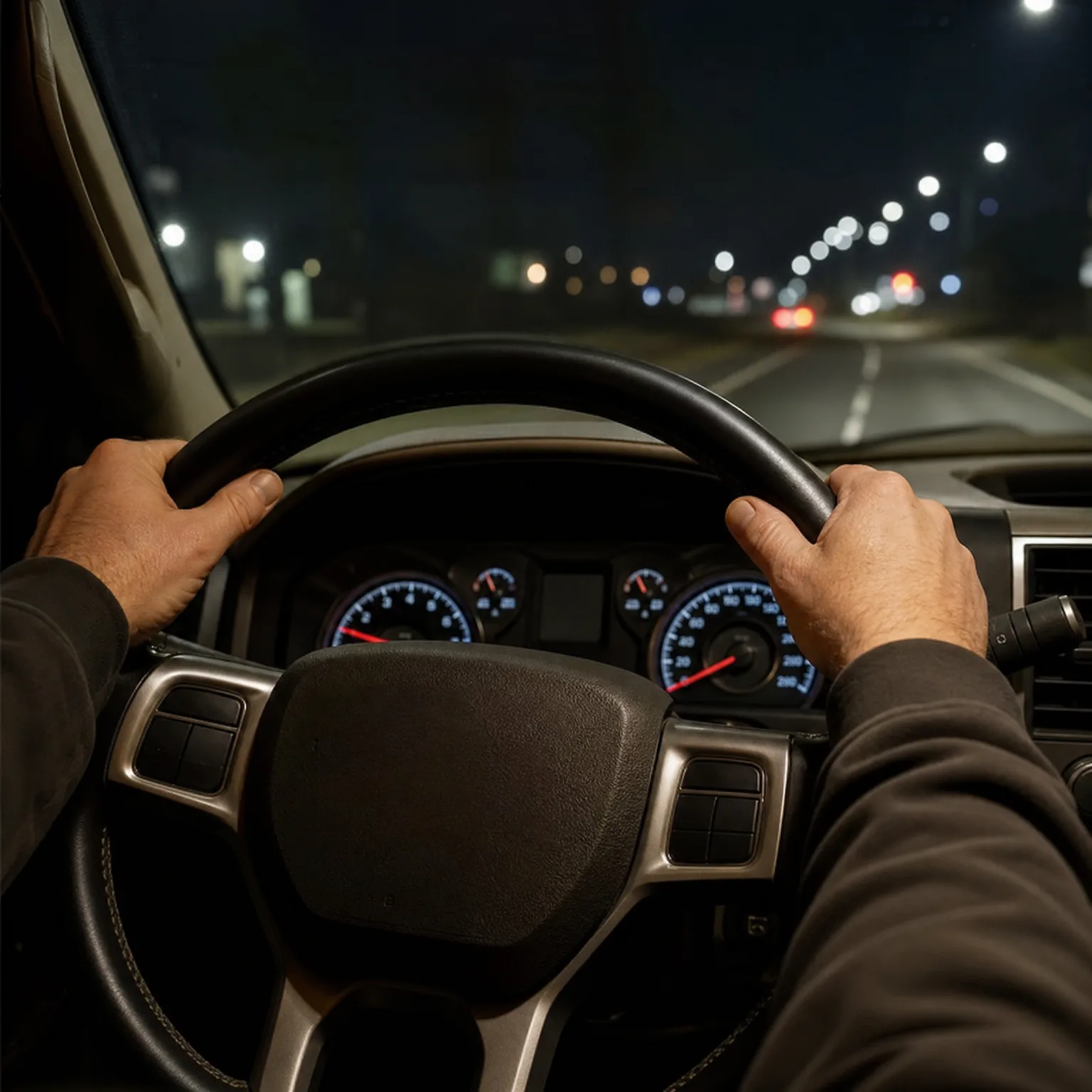 Interior view from the driver's seat at night, with two hands gripping the steering wheel, illuminated instrument dials ahead, and a road with streetlights and blurred lights through the windshield.
