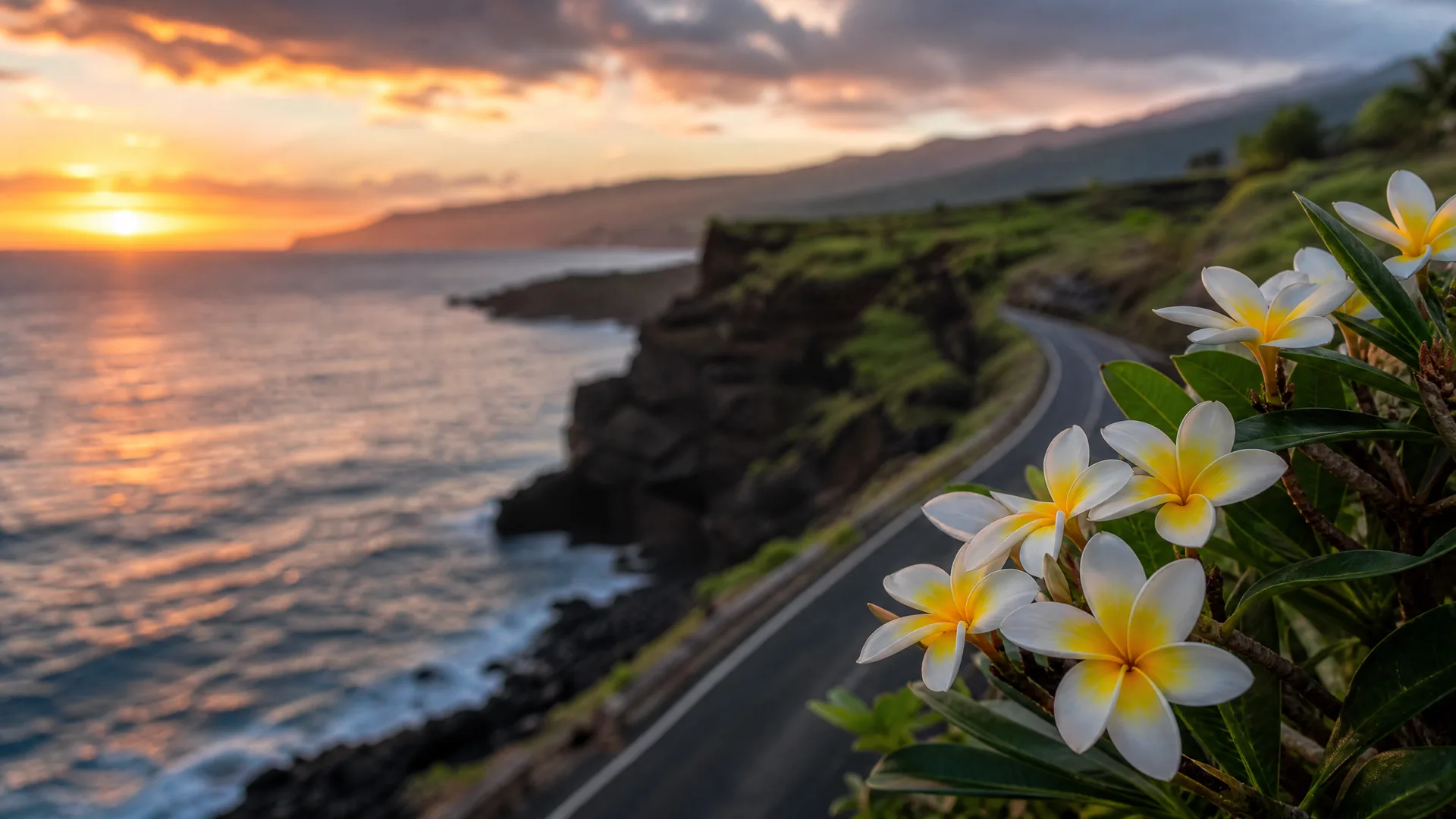 White and yellow plumeria flowers with green leaves in the right foreground, with a curving paved coastal road, cliffs, ocean and a hazy sunset sky behind.