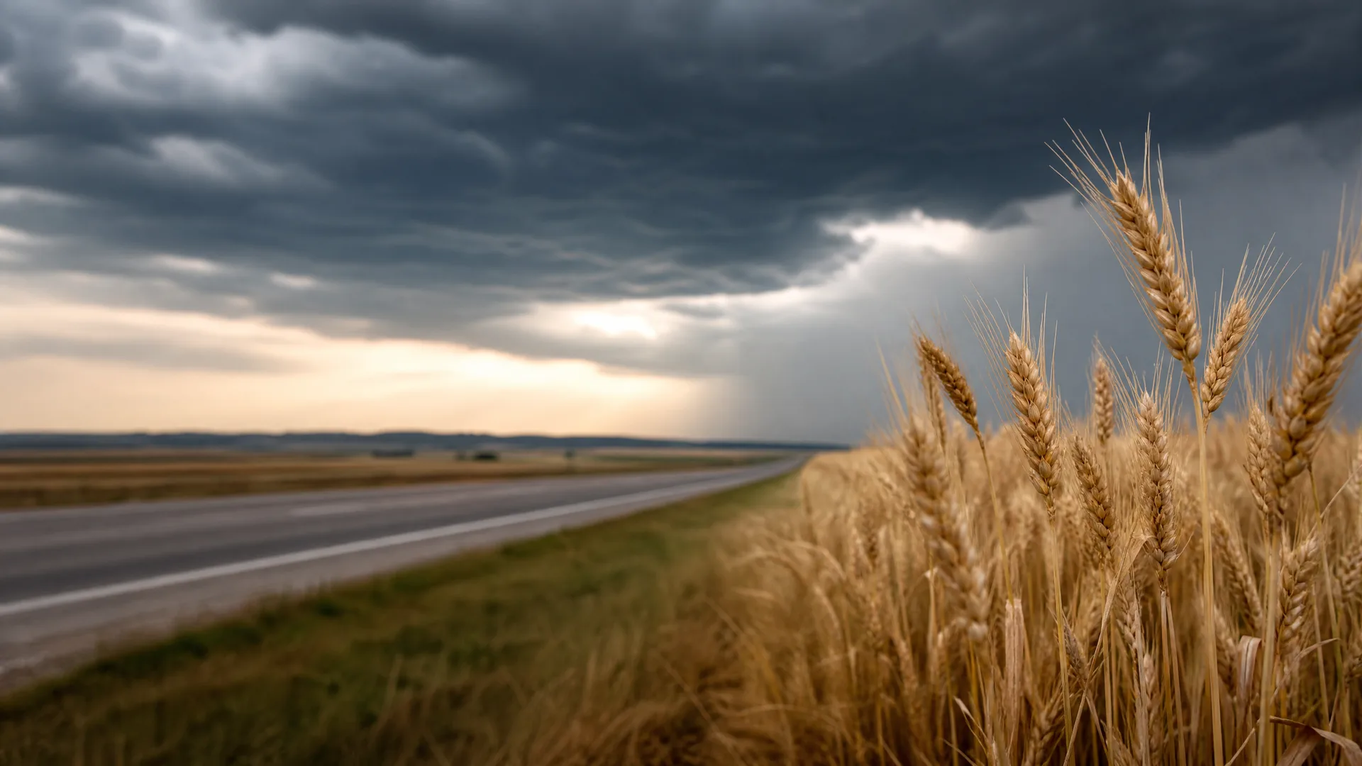 Ripe wheat heads in sharp focus at the right edge of a field beside a straight two-lane road receding to a flat horizon under heavy dark clouds.