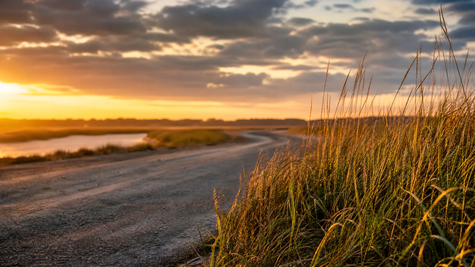 A curving gravel road runs beside tall golden marsh grasses and a shallow waterway under a cloudy sky at sunset.