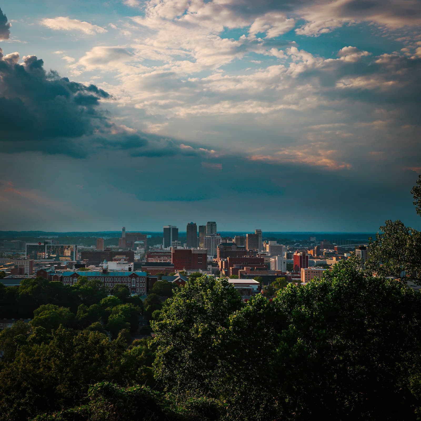 City skyline view from hilltop with green trees in foreground and dramatic cloudy sky at sunset