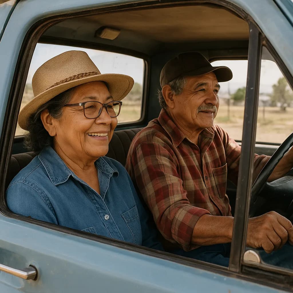 Elderly couple smiling together in vintage blue truck, woman in straw hat and glasses, man in plaid shirt driving