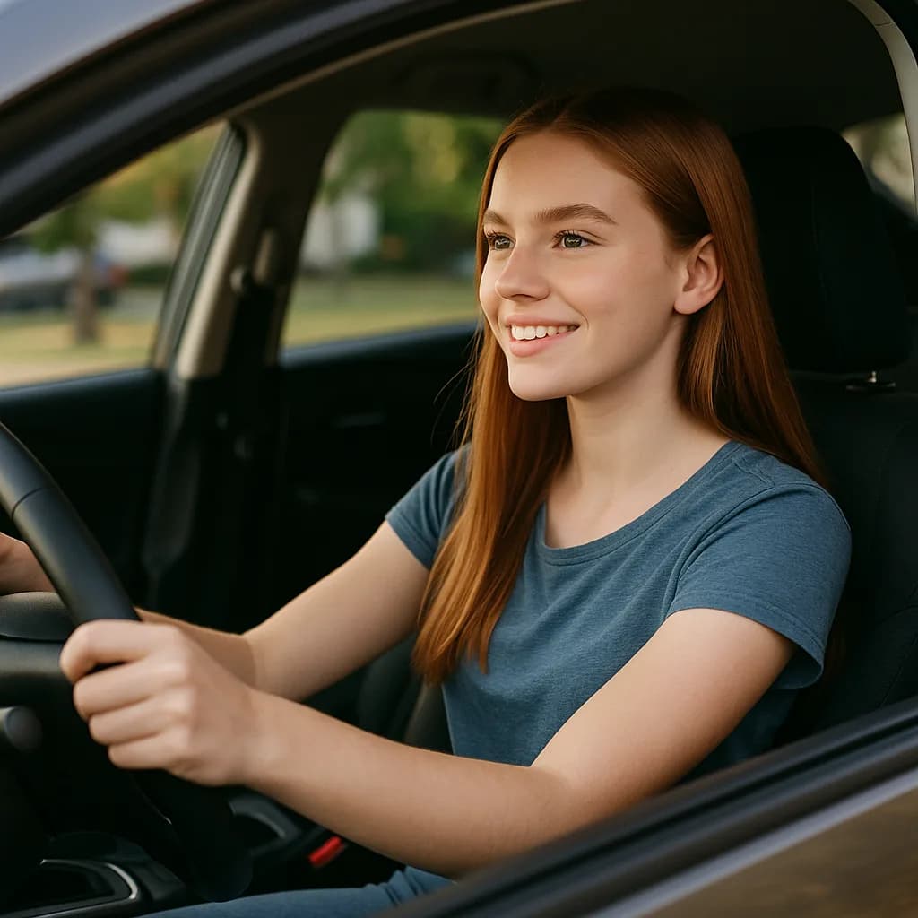 Young woman with red hair smiling while sitting in driver's seat of car