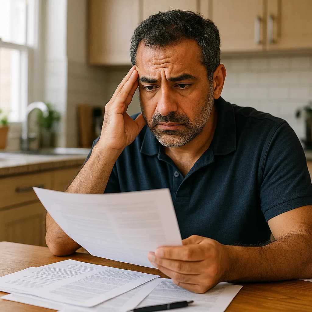 Stressed man reviewing financial documents at kitchen table with hand on forehead