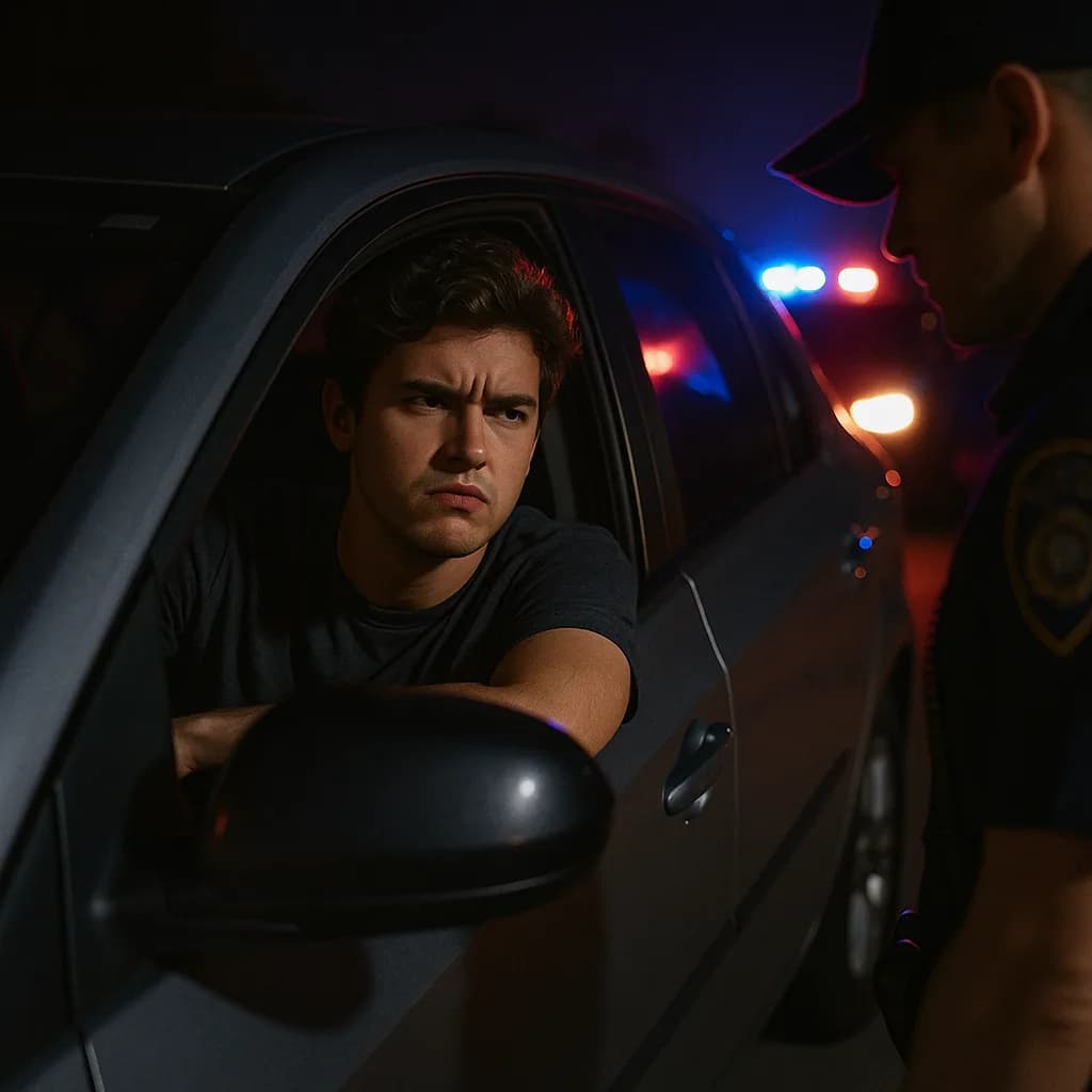 Young driver being stopped by police officer at night with red and blue emergency lights in background