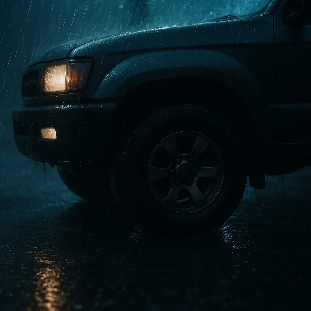 Dark pickup truck with headlights on in heavy rain at night, moody atmospheric lighting