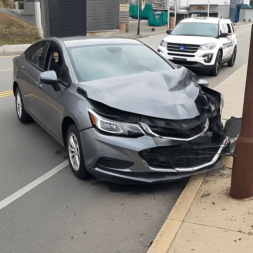 Damaged silver car with front-end collision damage on street with police vehicle in background