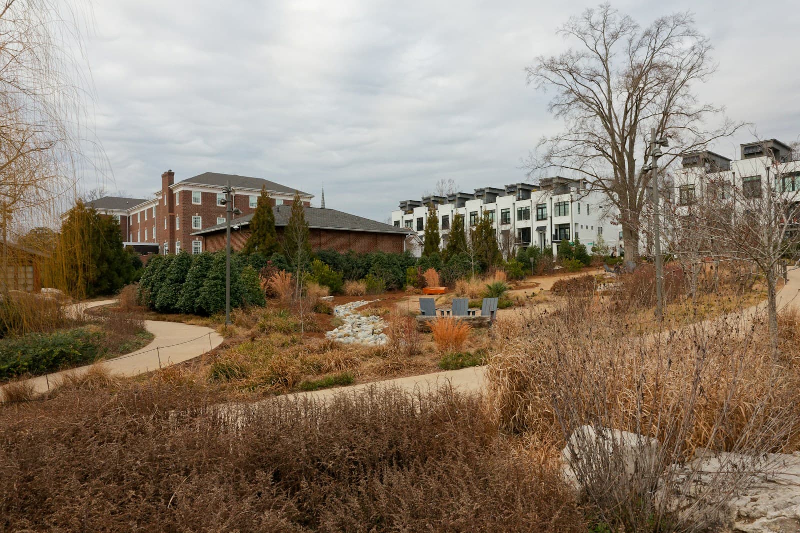 Curved walking path through winter landscaping with residential buildings in background