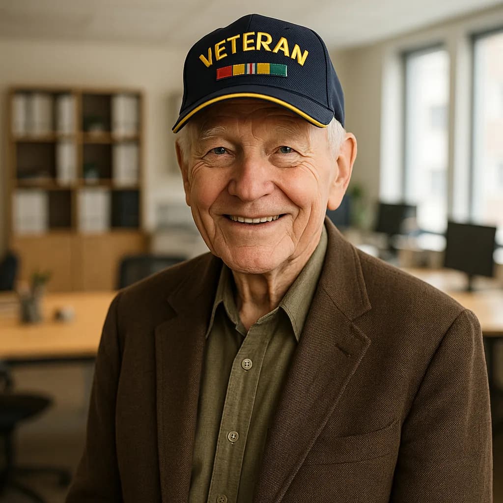 Elderly veteran smiling wearing military cap with service ribbons in home interior