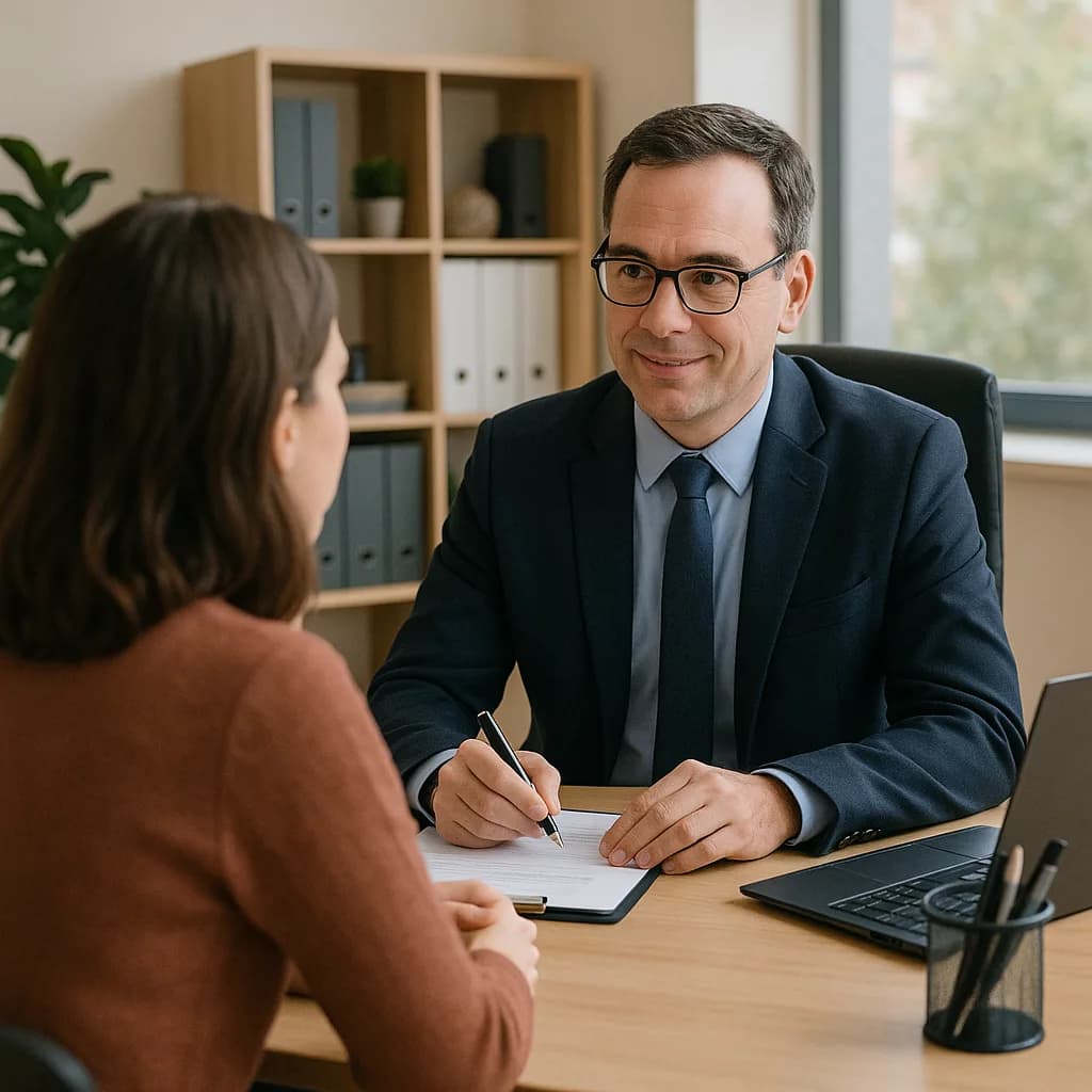 Professional businessman in suit and glasses consulting with client at office desk