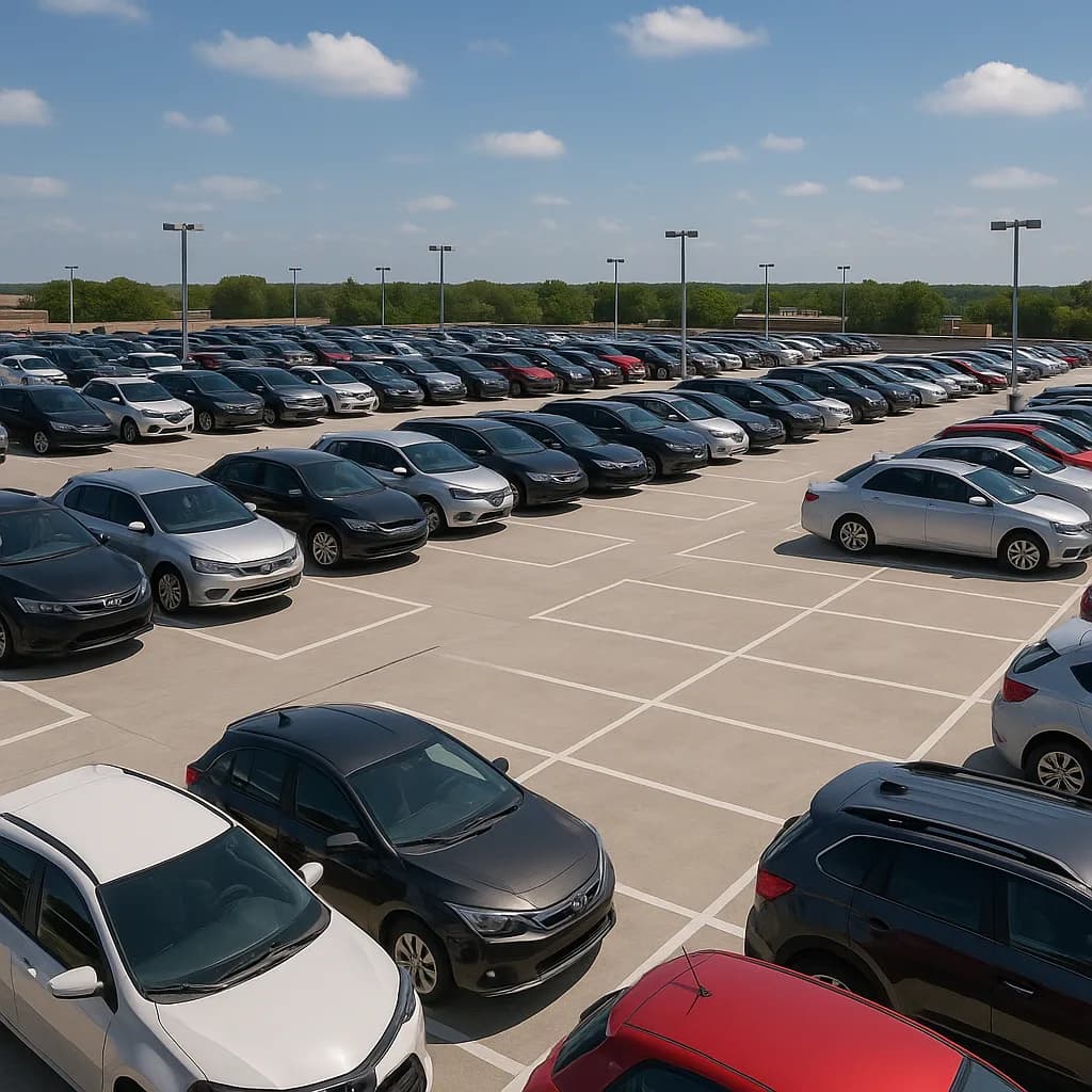 Large car dealership parking lot filled with rows of new vehicles under a blue sky with light poles