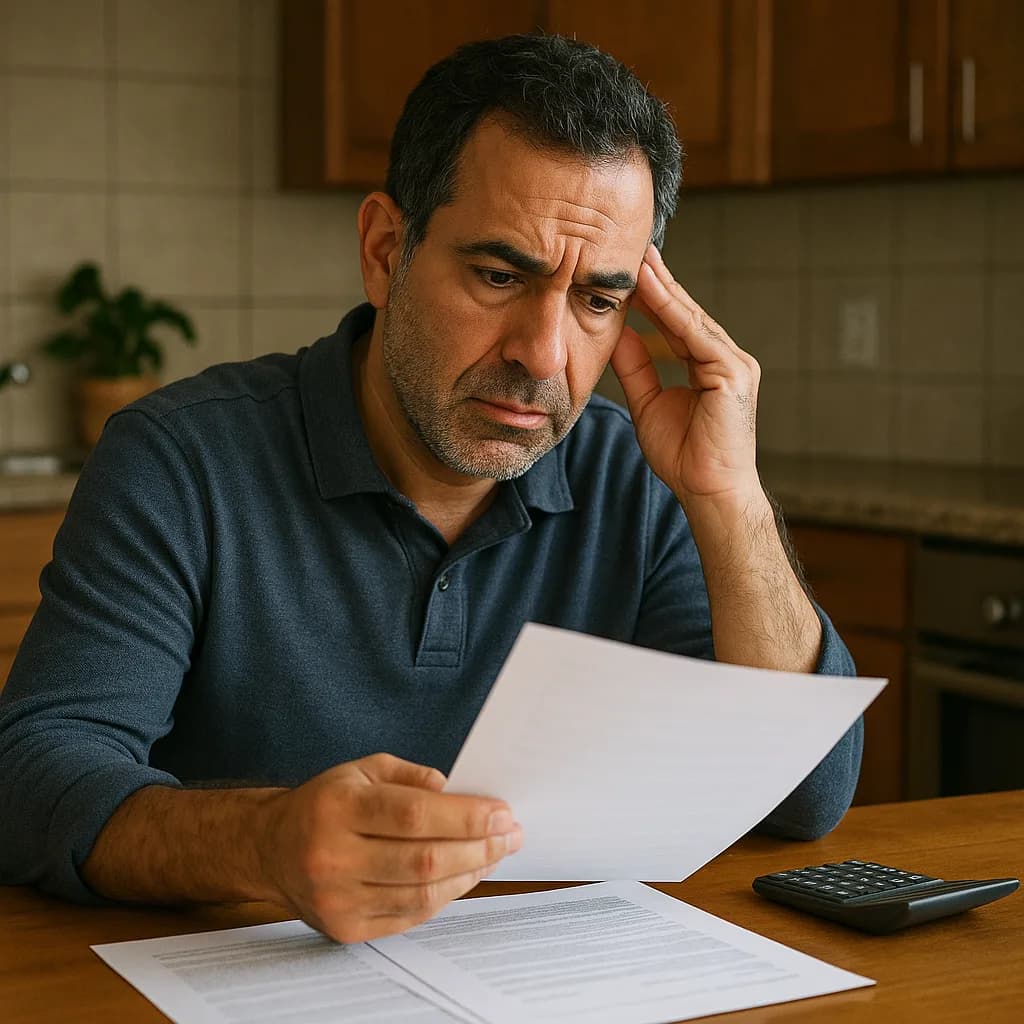 Stressed man reviewing financial documents at kitchen table with calculator